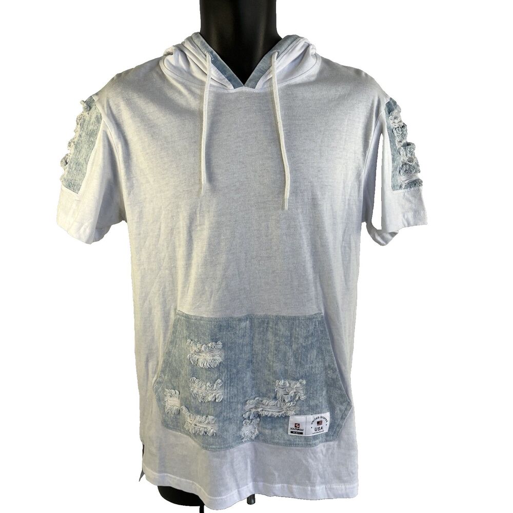 New Mens‎ Southpole Short Sleeve Hoodie Shirt Sz M NWT White Denim Patches